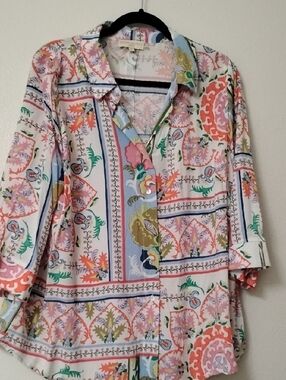 Cynthia Rowley Pastel Floral Button-Up Blouse in White, Pink, Blue & Green